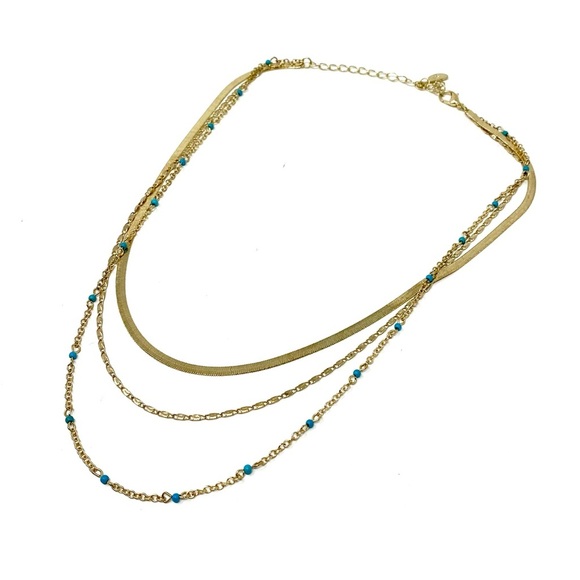 New Free People Everything I Wanted Layered Necklace Gold Blue Stones Turquoise - Picture 6 of 11